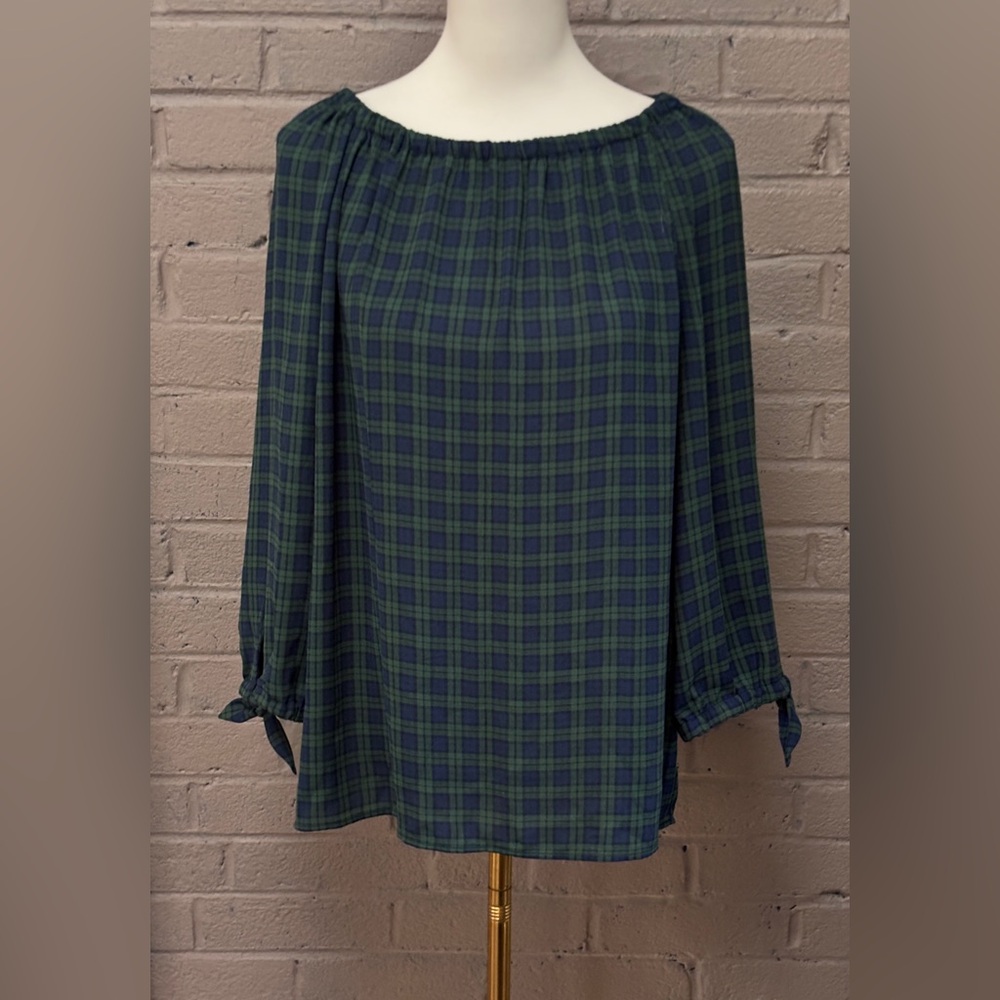 Talbots Green Plaid On / Off-Shoulder Blouse M